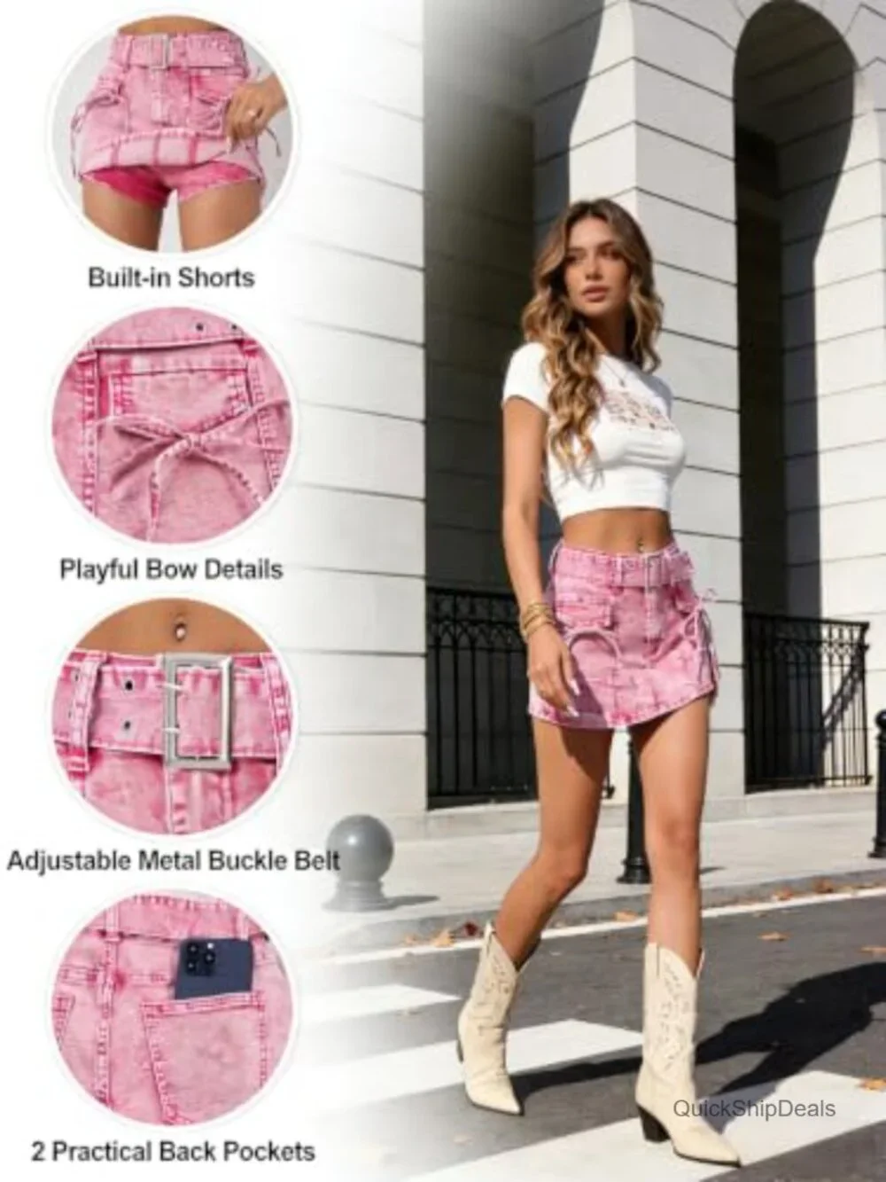 Women's High Waisted Denim Skort with Belt Stretch Jean Shorts Skirt